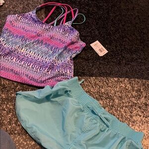 Colorful Patterned Tank Top and Blue Shorts Set